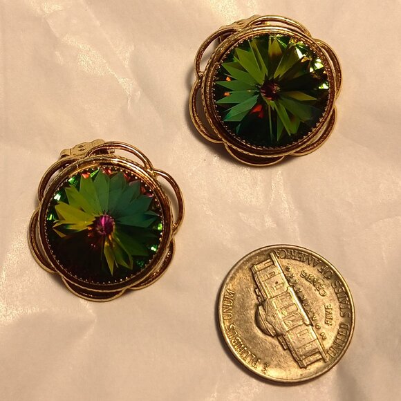 Vtg Whiting & Davis Watermelon Rivoli Heliotrope Rhinestone Clip Earrings 1 in - Picture 3 of 7
